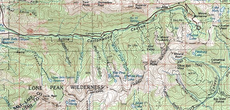 Map of hikes in the Big Cottonwood Canyon